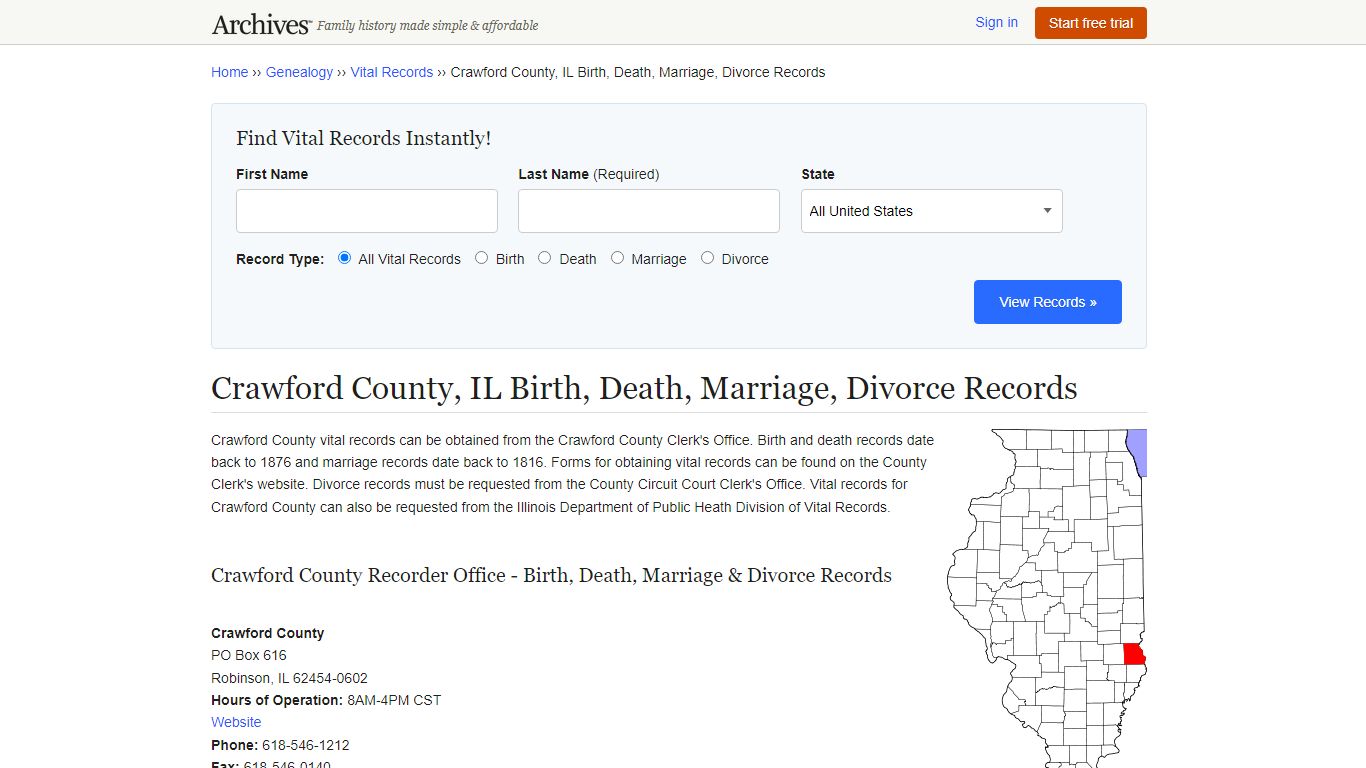 Crawford County, IL Birth, Death, Marriage, Divorce Records - Archives.com